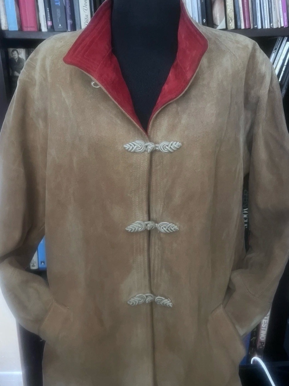 Heavy Men's Suede Toggle Coat with Red Lined Collar